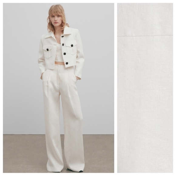 NWT. Massimo Dutti Studio White Jacquard Linen Short Jacket. Size S.